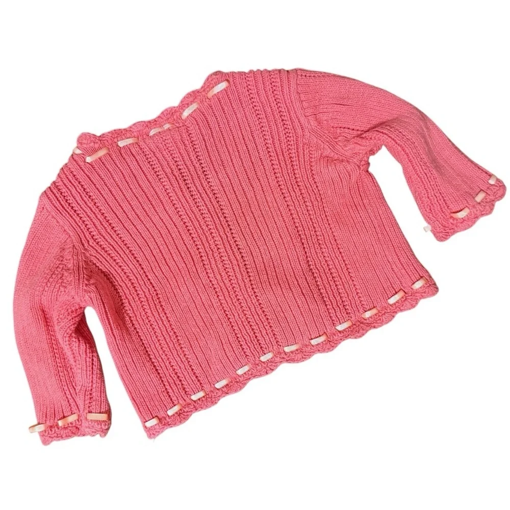 Vintage OshKosh Baby Pink Knit Cardigan Sweater 3M Ribbon Trim